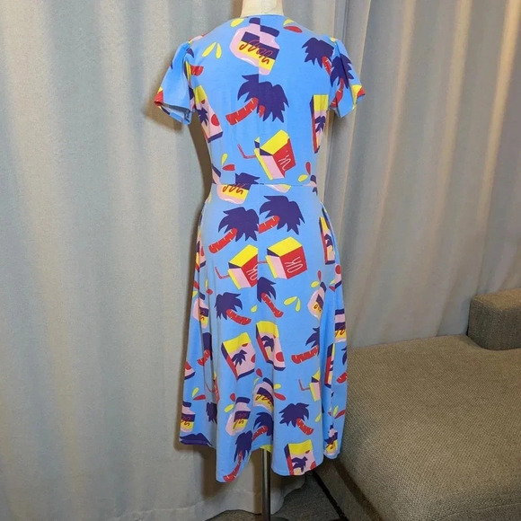 Nooworks Snack Box Dress Greta Blue Snacks Midi Short Sleeve XS V Neck Made USA - Picture 3 of 9